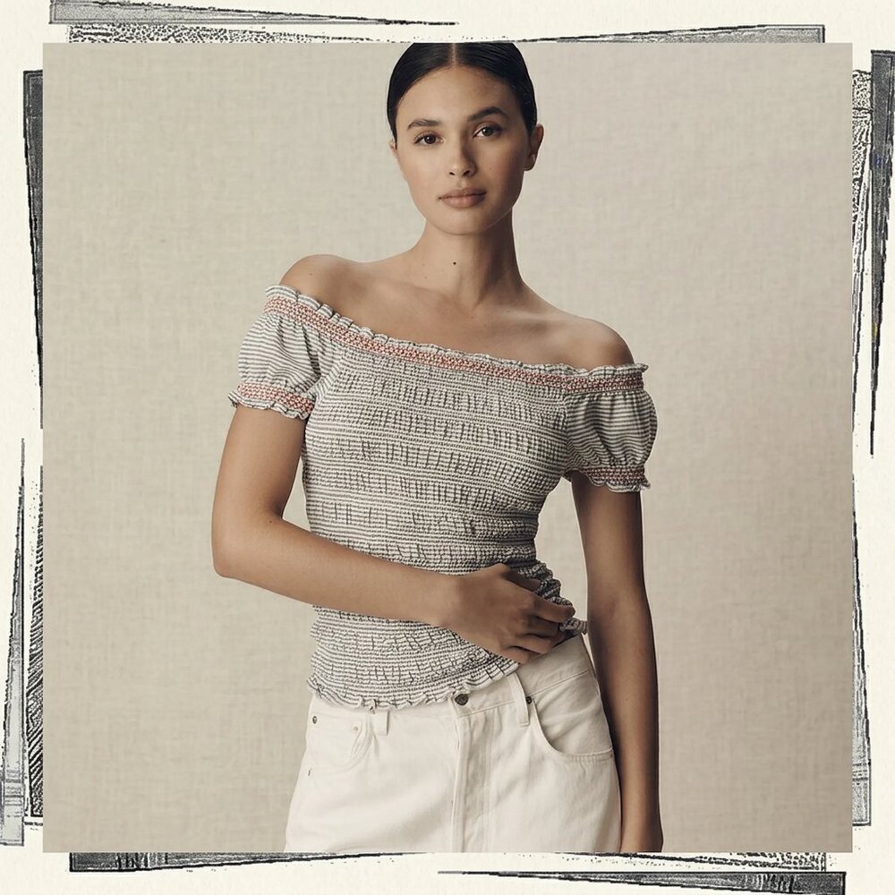 NWT: Blue & White w Red Accent Off-The-Shoulder Smocked Top (XS)